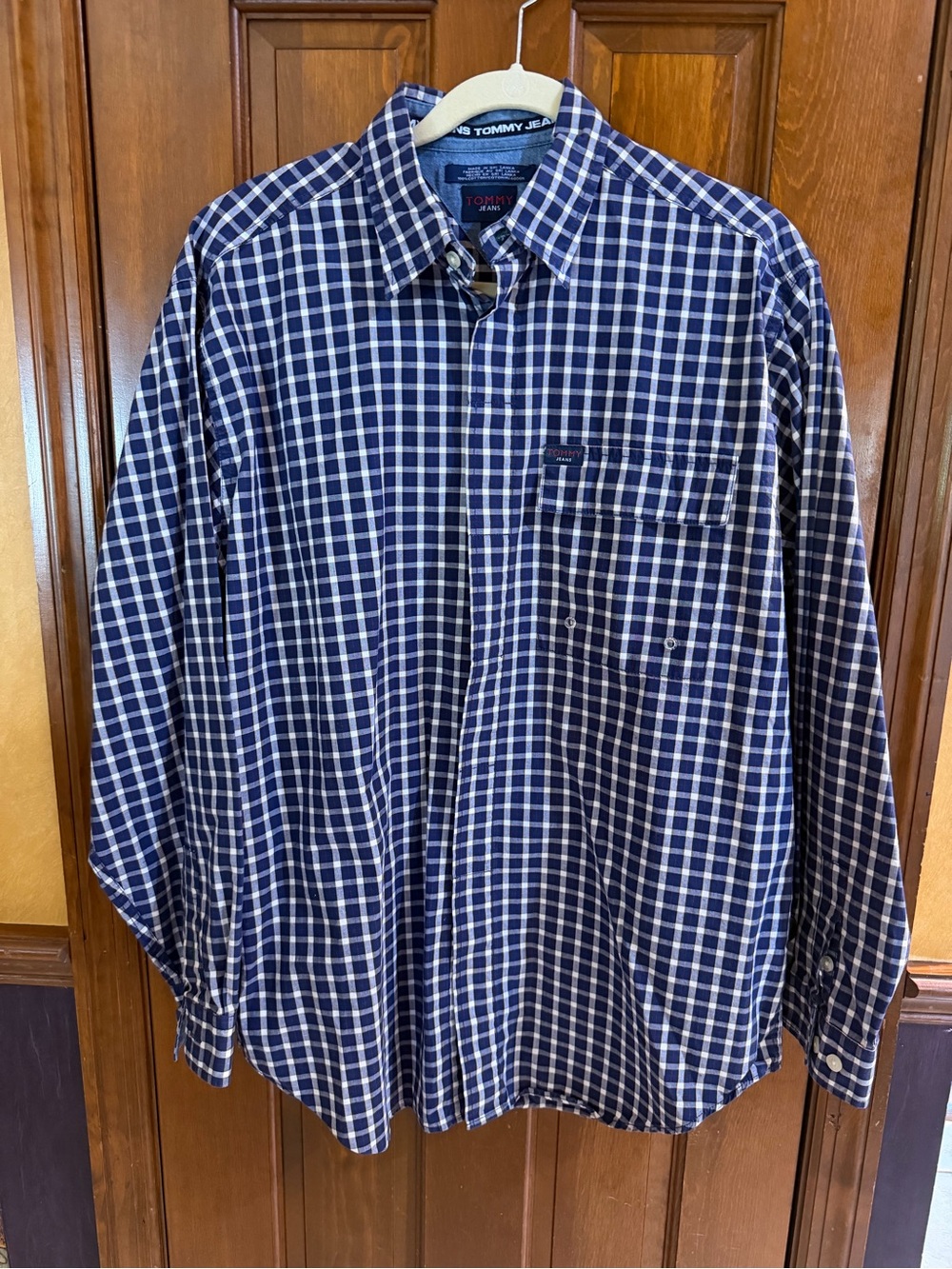Vintage 90s Tommy Jeans Plaid Utility Shirt Men's Medium Blue White May 1999